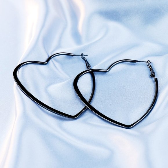 BIG HEART HOOP Earrings Gunmetal Silver tone NEW! 1165 - Picture 2 of 3